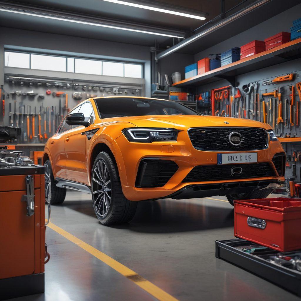 A stylish automotive workshop showcasing various high-quality automotive accessories displayed on sleek shelves, with a mechanic examining a shiny exhaust system and a toolbox in the background. Include vibrant tools, car parts, and a luxury car partially visible, emphasizing quality and selection. super-realistic. vibrant colors. 3D.